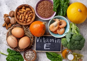 vista de cima de alimentos com fontes de vitamina E